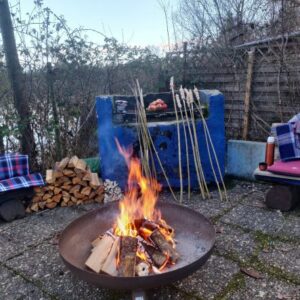 Man sieht ein Lagerfeuer in der schönen Location des stadtökoligischen Zentrums in Mannheim. Im Hintergrund sieht man den Stollenwörthweiher. Der perfekte Raum für Gestalttherapie und Workshops Outdoor mit Lagerfeuer und Outdoor Cooking