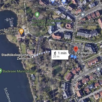 Google Maps Parkplatz in der Alberichstraße Mannheim Fussweg zum stadtökologischen Zentrum Anfahrtsskizze und Parkmöglichkeit im stadtölologischen Zentrum in Mannheim zum Outdoor Workshop und Gestalttheraoie