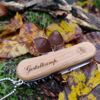 Gestaltcamp Produkt Holztaschenmesser mit Logo in Natur Naturfoto mit einem Taschenmesser aus Holz im Vordergrund, auf der Firmenname Gestaltcamp eingraviert ist. Im Hintergrund ist eine schöne Waldkulisse zu sehen bestehend aus Pilzen, Herbstlaub grünem Moss und Holz